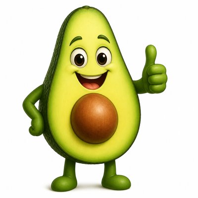 a happy avocado character giving a thumbs up, bold readable design on a plain background, no text