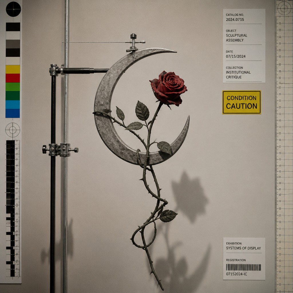 a rose entwined with a crescent moon, clean balanced composition on a plain background, no text