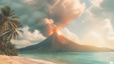an erupting volcano with lightning strikes, dramatic wide composition, no text