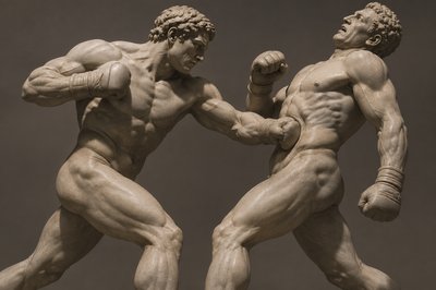 ancient greek ignudi boxer punching his opponent in the gut