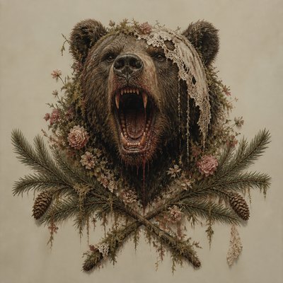 a roaring bear head above crossed pine branches, bold graphic composition on a plain background, no text