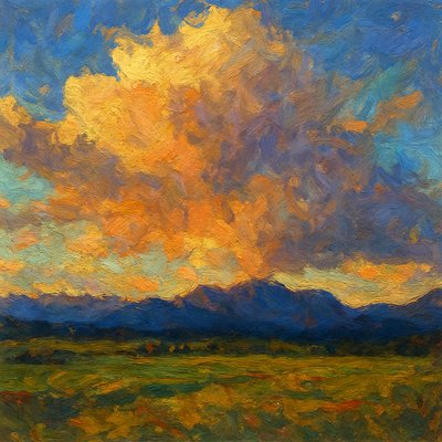 a painting of a field with mountains in the background