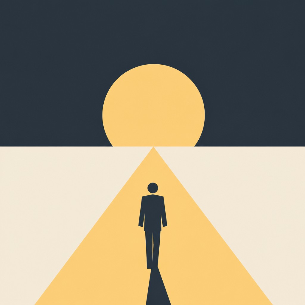 a solitary figure walking toward a glowing horizon across an empty plain, moody atmosphere, no text or lettering