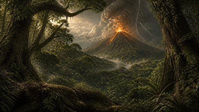 an erupting volcano with lightning strikes, dramatic wide composition, no text