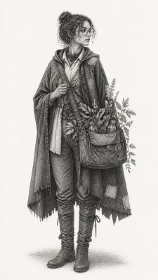 full-body original character: a wandering botanist with a satchel of plants, a patched green cloak, tall boots and round glasses, neutral background
