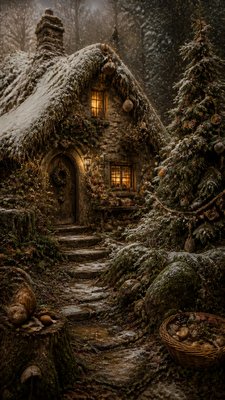 a snow-covered cottage with warm glowing windows beside a decorated pine tree, gentle snowfall, no text
