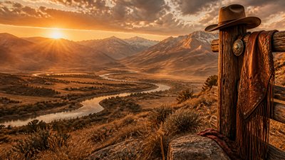 a vast valley with a river winding toward distant mountains at sunrise, no people, no text