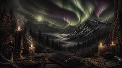 a flowing aurora over snowy peaks, wide sweeping composition, no people, no text