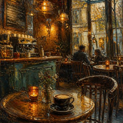 cozy cafe interior with warm lighting