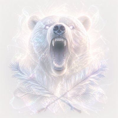 a roaring bear head above crossed pine branches, bold graphic composition on a plain background, no text