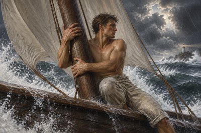 a painting of a man on a boat in the ocean