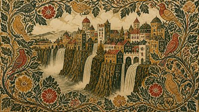 a cliffside city with waterfalls cascading into a misty canyon, wide establishing shot, no people, no text