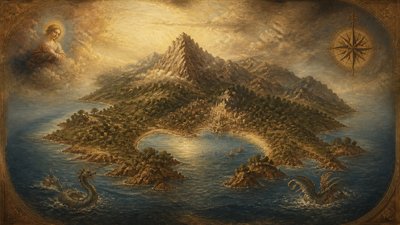 a map of an island realm with mountains, forests, a sheltered bay, sea monsters in the water and a compass rose, no text labels