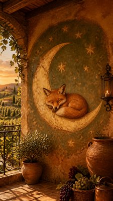 a sleeping baby fox curled on a crescent moon among soft stars, gentle and warm, no text