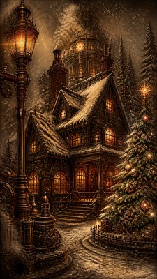 a snow-covered cottage with warm glowing windows beside a decorated pine tree, gentle snowfall, no text