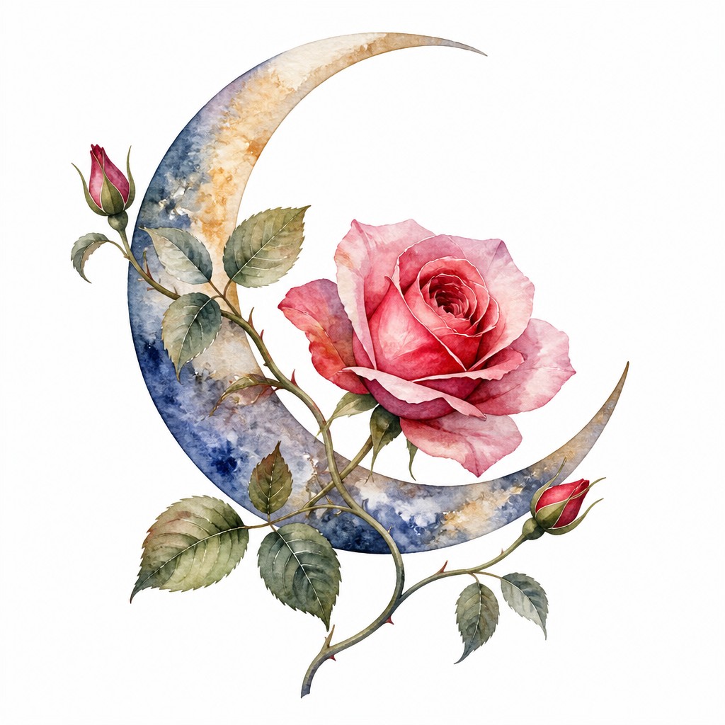 a rose entwined with a crescent moon, clean balanced composition on a plain background, no text