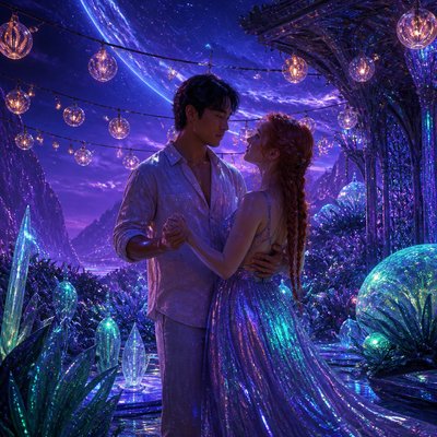 an original couple dancing under string lights in a garden at dusk: a man with short black hair in a linen shirt and a woman with braided red hair in a summer dress