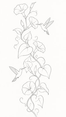 a climbing vine of flowers and hummingbirds on a dark background, tall wrapping composition, no text