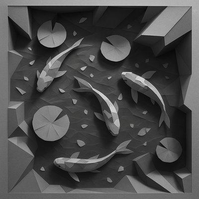 A koi pond seen from above, orange and white koi fish swimming among lily pads, clear water with subtle ripples, fallen cherry blossom petals floating on the surface, dappled sunlight