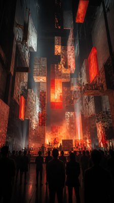 a live music scene with a glowing stage and silhouetted crowd, energetic vertical composition with open space at the top, no text