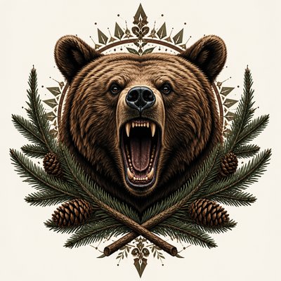 a roaring bear head above crossed pine branches, bold graphic composition on a plain background, no text
