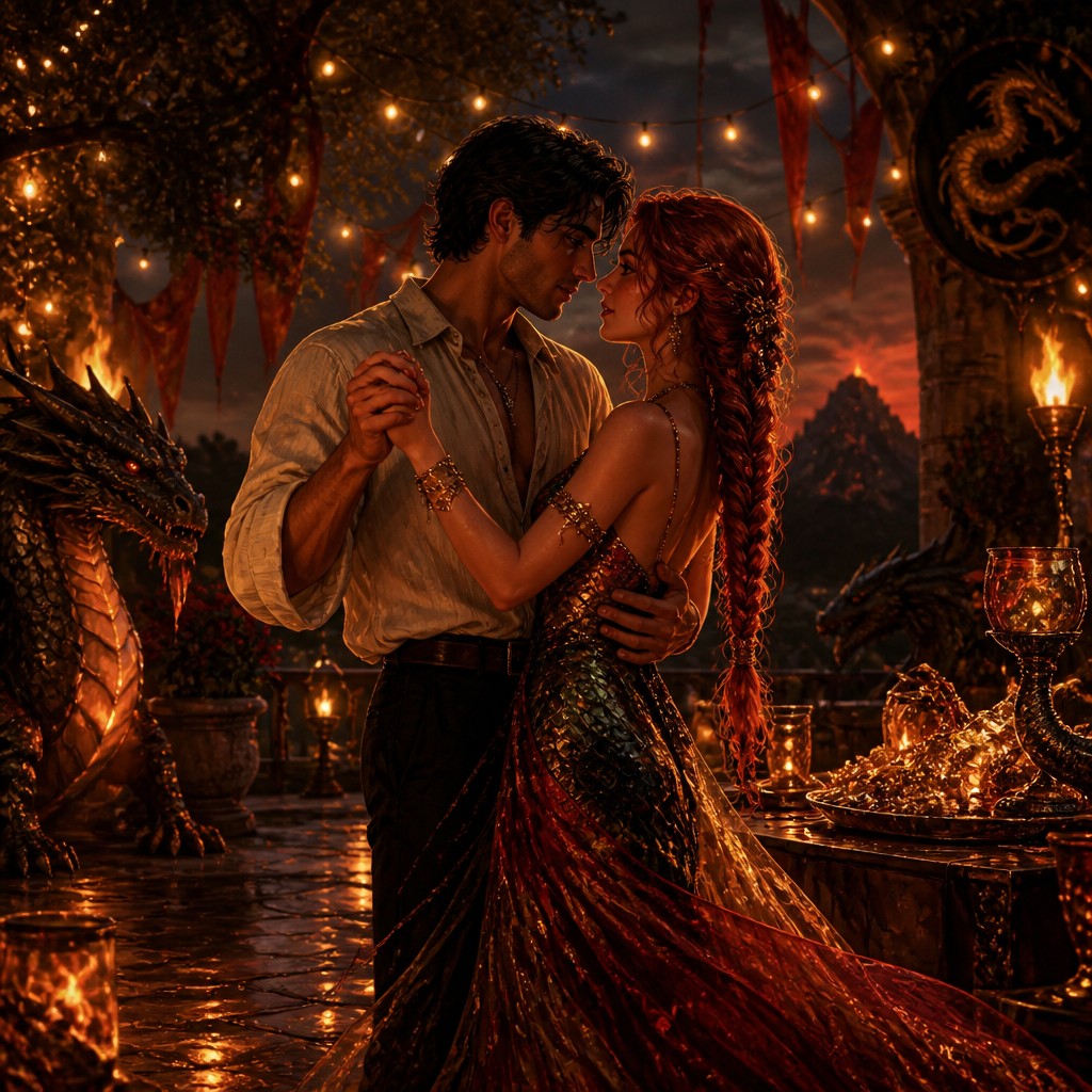 an original couple dancing under string lights in a garden at dusk: a man with short black hair in a linen shirt and a woman with braided red hair in a summer dress