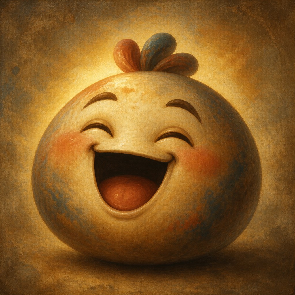 an exaggerated laughing face of an original round mascot character, bold and readable at small size, plain background, no text