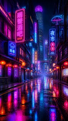 a quiet rainy city street at night reflecting neon signs, no people