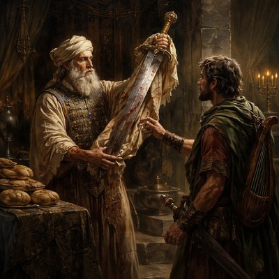 “And the priest said, The sword of Goliath the Philistine, whom thou slewest in the valley of Elah, behold, it is here wrapped in a cloth behind the ephod: if thou wilt take that, take it: for there is no other save that here. And David said, There is none like that; give it me.” (1 Samuel 21:9, KJV)
