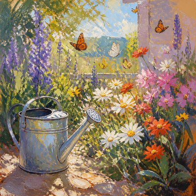 a garden scene with butterflies, flowers and a watering can, clean uncolored line art, no text