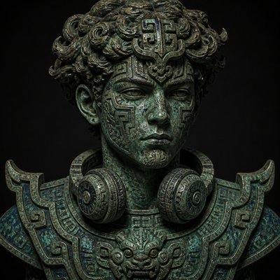 head-and-shoulders portrait of an original character: a young man with curly dark hair and headphones around his neck, plain backdrop, no text