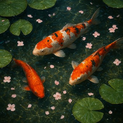 A koi pond seen from above, orange and white koi fish swimming among lily pads, clear water with subtle ripples, fallen cherry blossom petals floating on the surface, dappled sunlight