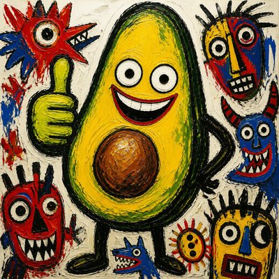 a happy avocado character giving a thumbs up, bold readable design on a plain background, no text