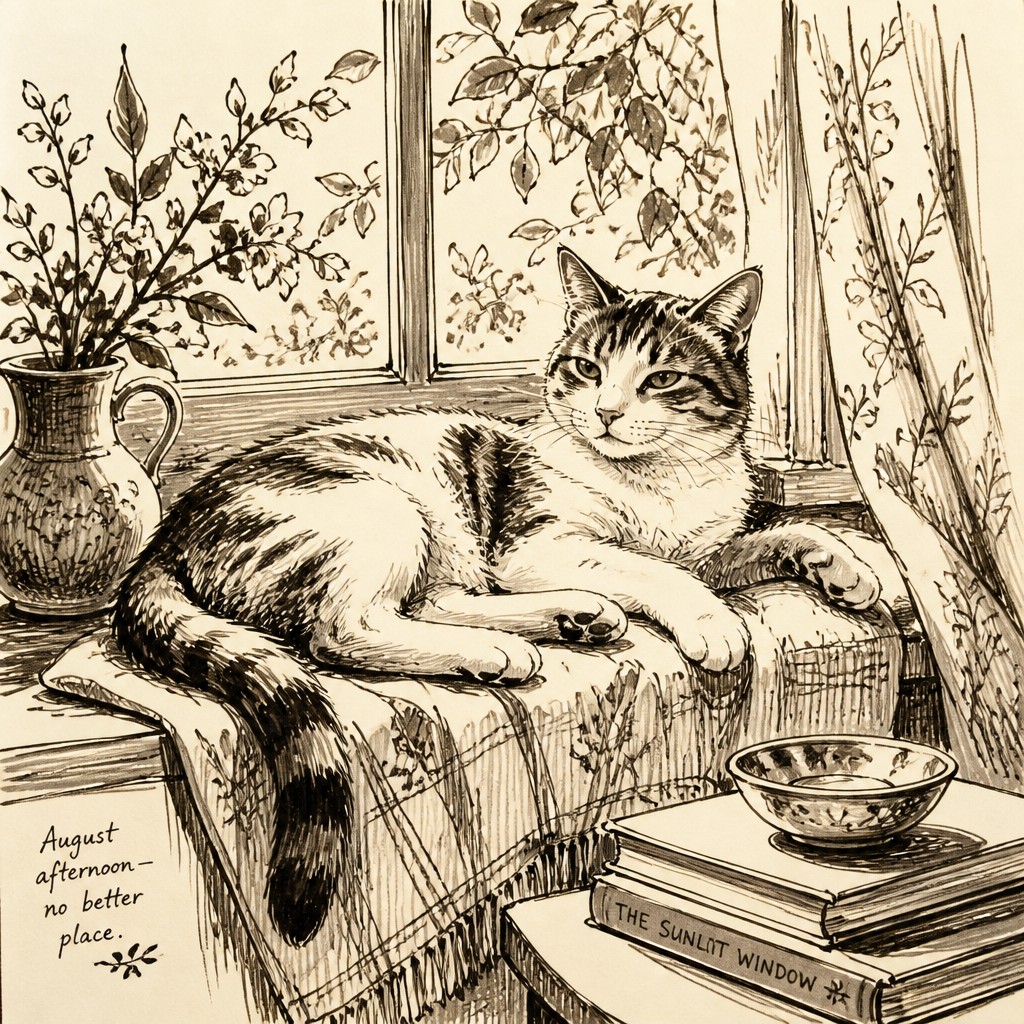 a cat lounging in a sunlit window — Pen and Ink Drawing Style