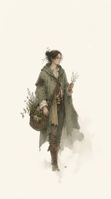 full-body original character: a wandering botanist with a satchel of plants, a patched green cloak, tall boots and round glasses, neutral background