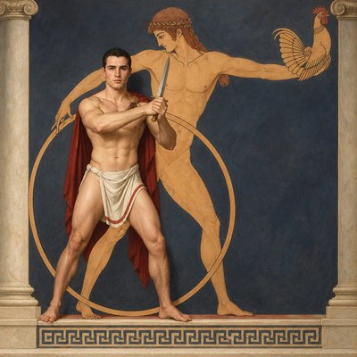 a painting of a man holding a sword