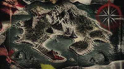 a map of an island realm with mountains, forests, a sheltered bay, sea monsters in the water and a compass rose, no text labels