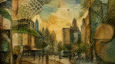 bustling city street panorama at dusk