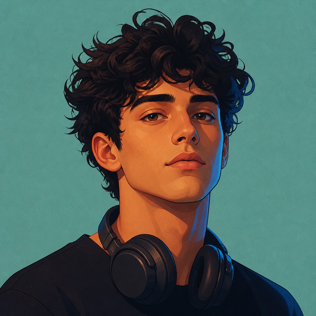 head-and-shoulders portrait of an original character: a young man with curly dark hair and headphones around his neck, plain backdrop, no text