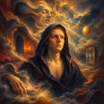 a painting of a woman with a hood on