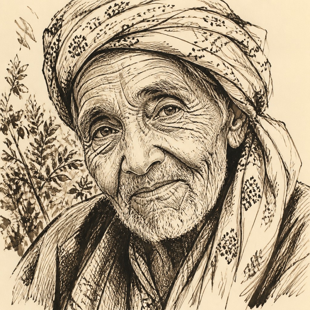close-up portrait of an elderly person with expressive weathered features — Pen and Ink Drawing Style