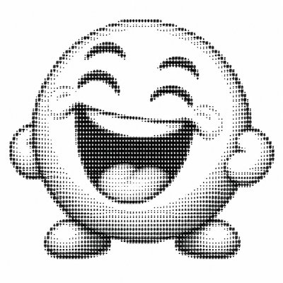 an exaggerated laughing face of an original round mascot character, bold and readable at small size, plain background, no text