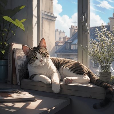 a cat lounging in a sunlit window