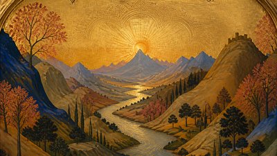 a vast valley with a river winding toward distant mountains at sunrise, no people, no text