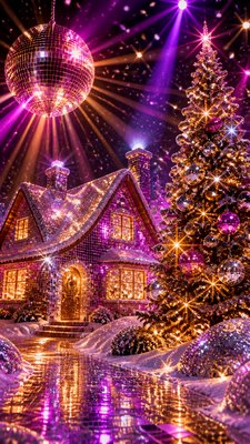 a snow-covered cottage with warm glowing windows beside a decorated pine tree, gentle snowfall, no text