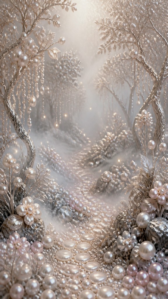 a mysterious forest path with fireflies and drifting mist, atmospheric vertical composition with open space at the top, no text