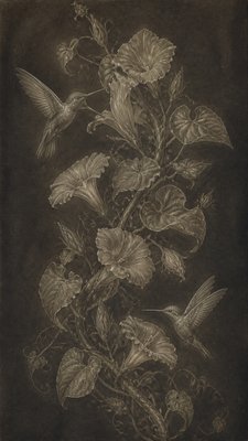 a climbing vine of flowers and hummingbirds on a dark background, tall wrapping composition, no text