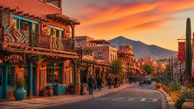 bustling city street panorama at dusk