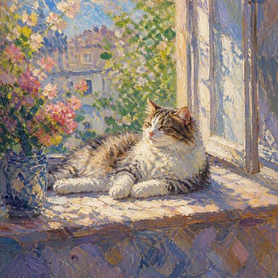 a cat lounging in a sunlit window