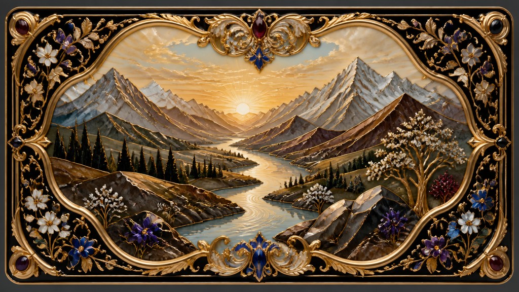 a vast valley with a river winding toward distant mountains at sunrise, no people, no text